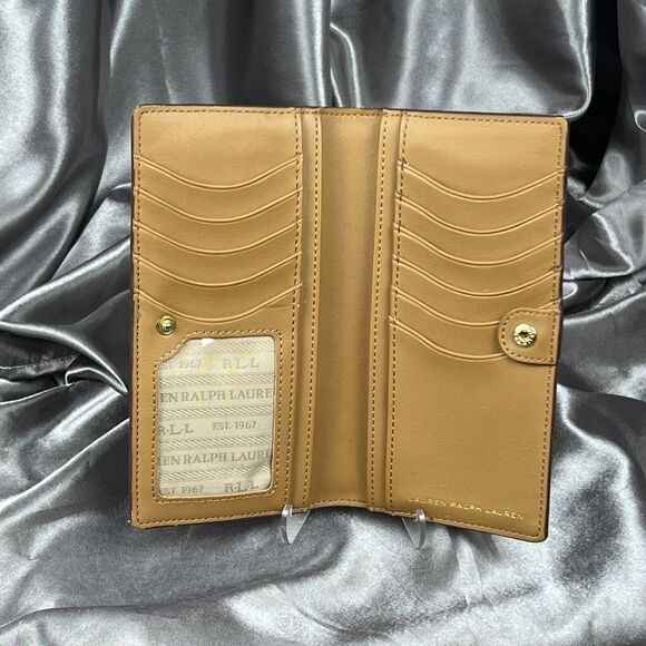 RLL Lauren Ralph Lauren Leather Bifold Wallet Olive Green Gold Logo Snap Closure - Picture 8 of 14